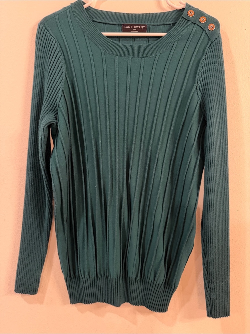 Lane Bryant Hunter Green Ribbed Crew Sweater with Shoulder Buttons